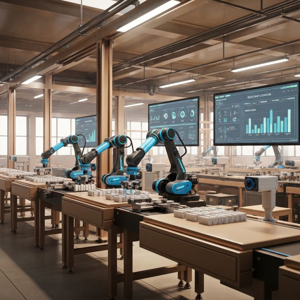 Umjetna inteligencija u proizvodnji, prikaz pametne tvornice s AI sustavima za kontrolu kvalitete i optimizaciju proizvodnih procesa